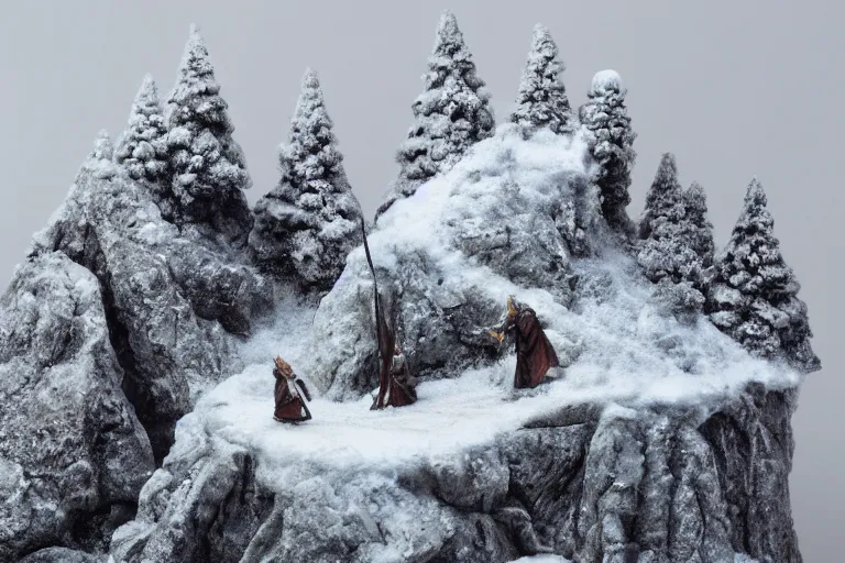 Image similar to A diorama of Gandalf on a snowy mountain, tilt shift, detailed