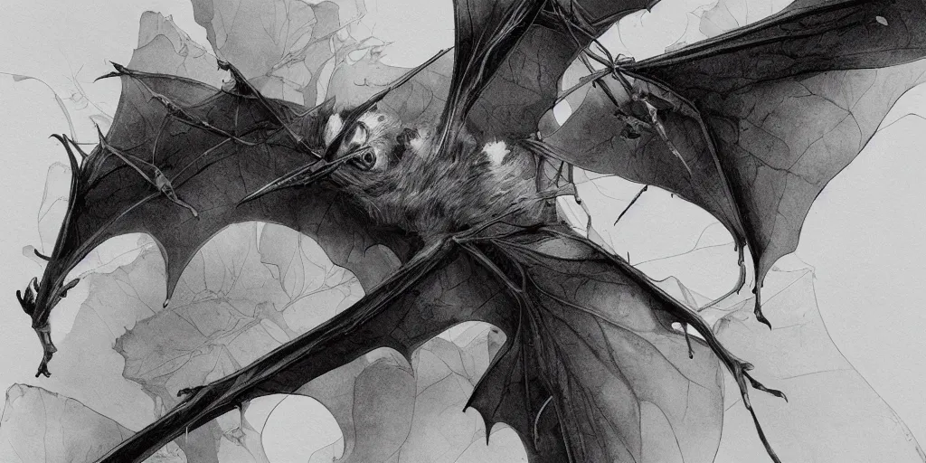 Image similar to highly detailed beautiful black and white photography of bats, leaves, sharp focus, dynamic lighting, elegant harmony, beauty, masterpiece, by riccardo federici, by james jean, by craig mullins, by lois van baarle, by makoto shinkai, by greg tocchini, by greg rutkowski, illustration, ink draw, pen,