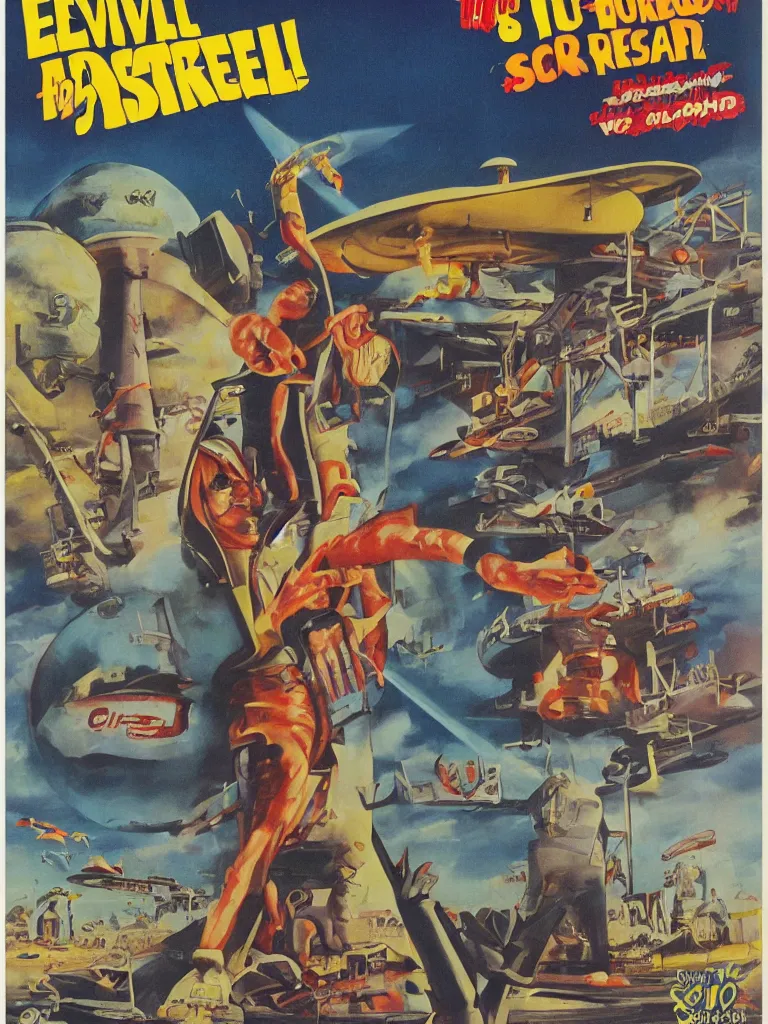 Image similar to evil alien cheeseburger stands on a beach rockets are landing in the background, forbidden planet, pulp sci fi, poster
