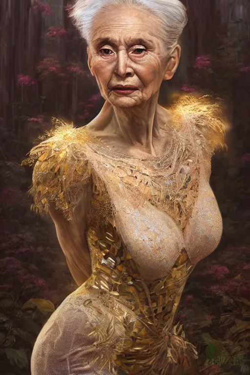 Prompt: stunningly robust, elderly prima ballerina in jungle, symmetrical face, golden hour, smooth, focus, highly detailed, hyper realistic, dramatic lighting, elegant, intricate, concept art, art by wlop, mars ravelo, greg rutowski, artstation