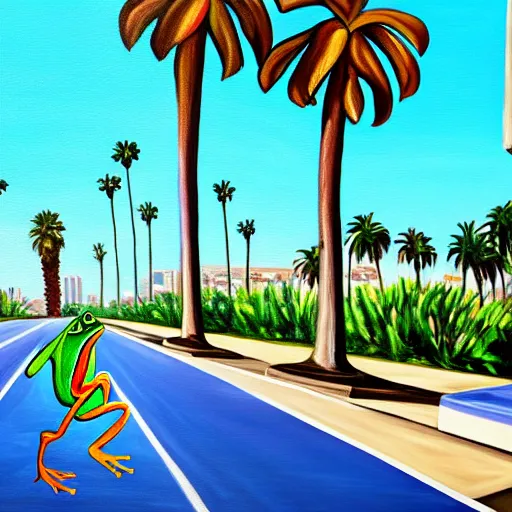 Image similar to painting of a bipedal frog walking away from the camera, down a busy street in los angeles, street vendors, palm trees,