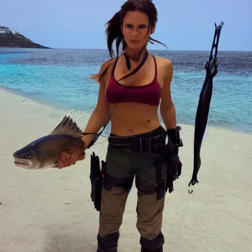 Image similar to lara croft poses with her big fish catch