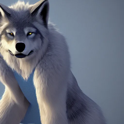 Prompt: 3 d render, well toned, large tall, female anthropomorphic wolf, blue fur with white spots, fur covering her chest.