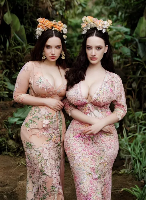 Prompt: portrait of demi rose and kat dennings wearing kebaya in bali, by charlotte grimm, natural light, detailed face, beautiful features, symmetrical, canon eos c 3 0 0, ƒ 1. 8, 3 5 mm, 8 k, medium - format print, half body shot