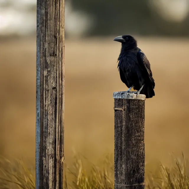 Prompt: crow on a fence post, nature photography, wildlife photography canon, sony, nikon, olympus, 4 k, hd, telephoto, award winning, depth of field, golden hour
