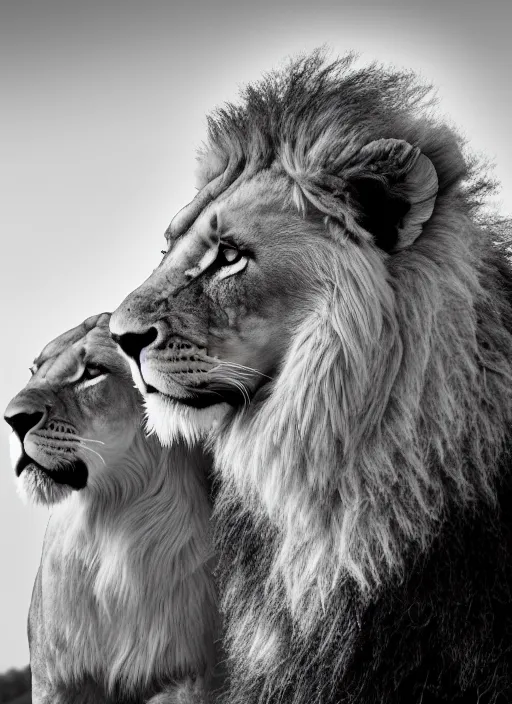 Image similar to lion and lioness black and white portrait white sky in background