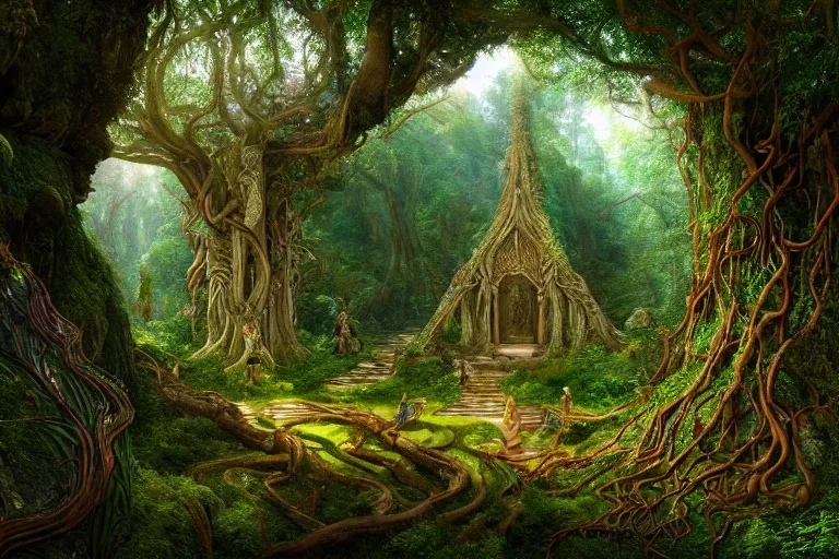 Image similar to a beautiful and highly detailed digital painting of an elven temple in a lush valley in mirkwood forest, psychedelic patterns, intricate details, epic scale, 8 k, sharp focus, photorealism, artstation, cgsociety, by caspar friedrich, albert bierstadt, james gurney, brian froud,