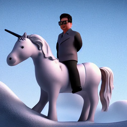 Image similar to 3D render of Kim Jong-il riding on the back of a cute unicorn in a snowy mountain range, highly intricate, highly detailed,