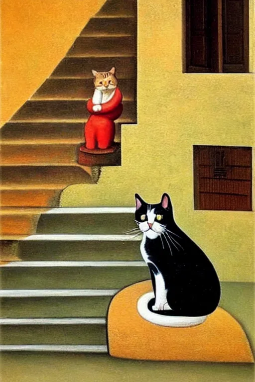 Image similar to a beautiful painting of a cat, sitting on the outside stairs of an house in a characteristic village in the south of Italy, Botero style, postcard, vintage