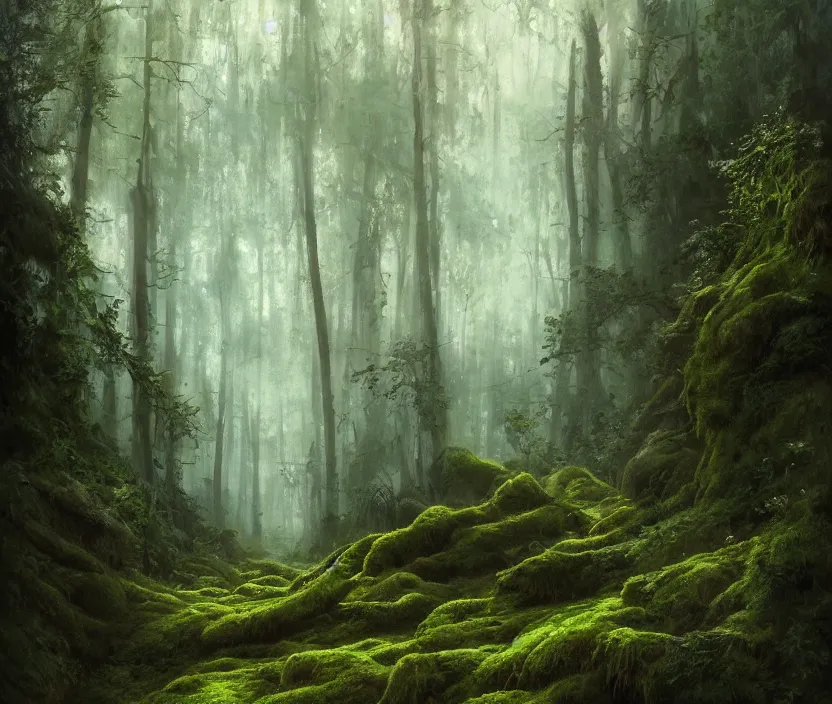 Prompt: most epic landscape, epic cinematic hyperrealism masterpiece. realistic poster with shaded lighting by craig mallismo, artgerm, jeremy lipkin and michael garmash, unreal engine, radiant light, detailed and complex environment, digital art, art station trends, environmental portrait, low angle, 3 5 mm, forest path, misty, vines, fern, moss