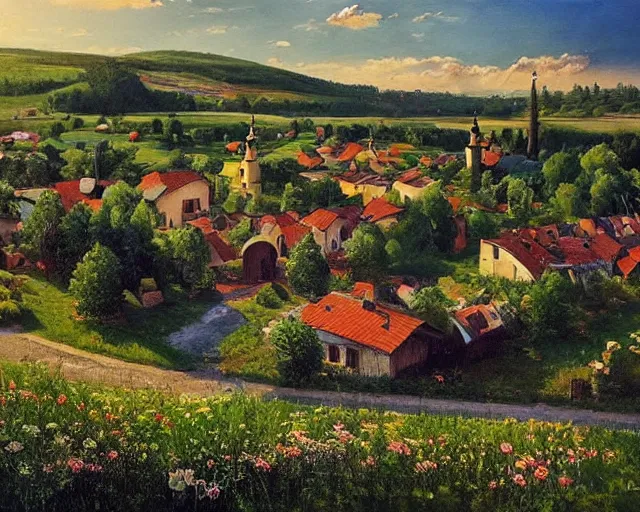 Prompt: a beautiful view of a peaceful village in ukraine. art by denys tsiperko and bogdan rezunenko, hyperrealism