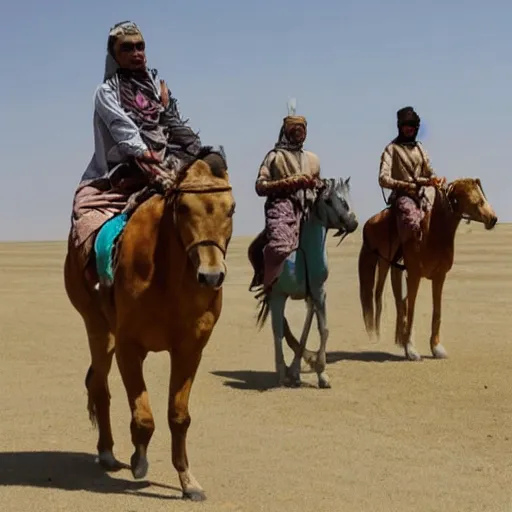 Image similar to indo-aryan nomads riding horses across steppe, on alien planet