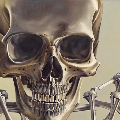 Image similar to chrome skeleton, oil on canvas, extremely detailed masterpiece