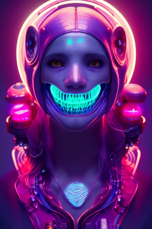 Image similar to portrait of a cute smiling bioluminescent creature, cyberpunk, dark retrowave, highly detailed, asymmetrical artwork, cinematic, hyperrealism, art stanley lau and artgerm and magali villeneuve and alphonse mucha, artstation, octane render, unreal engine, 8 k, aperture f 1. 2