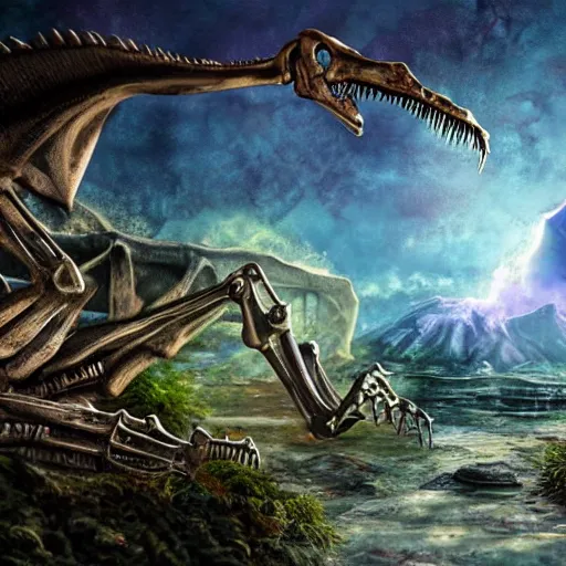 Image similar to a dinosaur skeleton on a quartz cracked geode, iridescent colors, fairy atmosphere, matte-painting