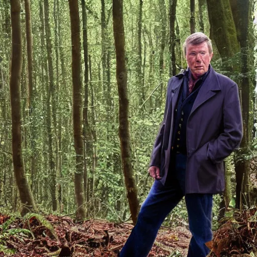 Image similar to John Nettles as DCI Tom Barnaby standing in a sunny forest clearing.