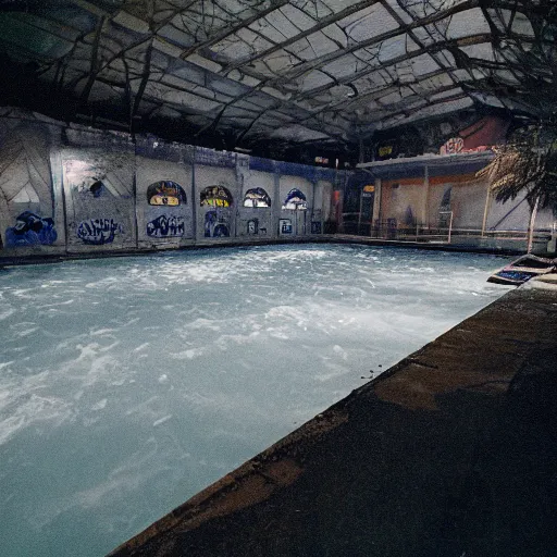 Image similar to an eerie photo of an abandoned indoor water park from the 1 9 9 0 s at night, disposable film