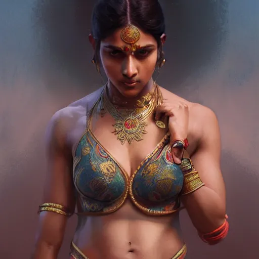 Image similar to indian woman doing push ups, ultra realistic, concept art, intricate details, highly detailed, photorealistic, octane render, 8 k, unreal engine. art by artgerm and greg rutkowski and alphonse mucha