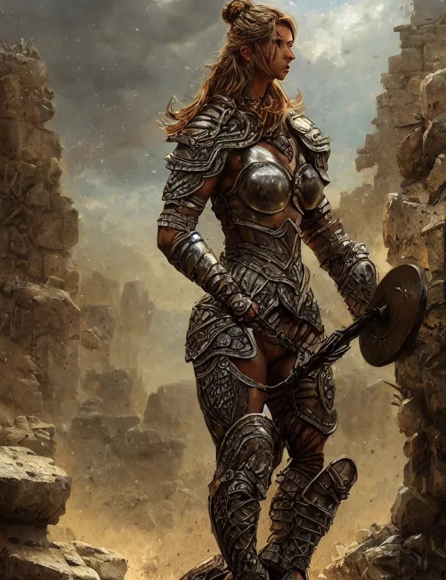 Image similar to muscular female warrior princess wearing heavy plate armor, robust stocky body, at the stone ruins, rpg artwork, hyperdetailed, hyperrealistic, soft light, imposing presence, pino daeni and dan mumford, artstation, intricate metal, smooth, sharp focus