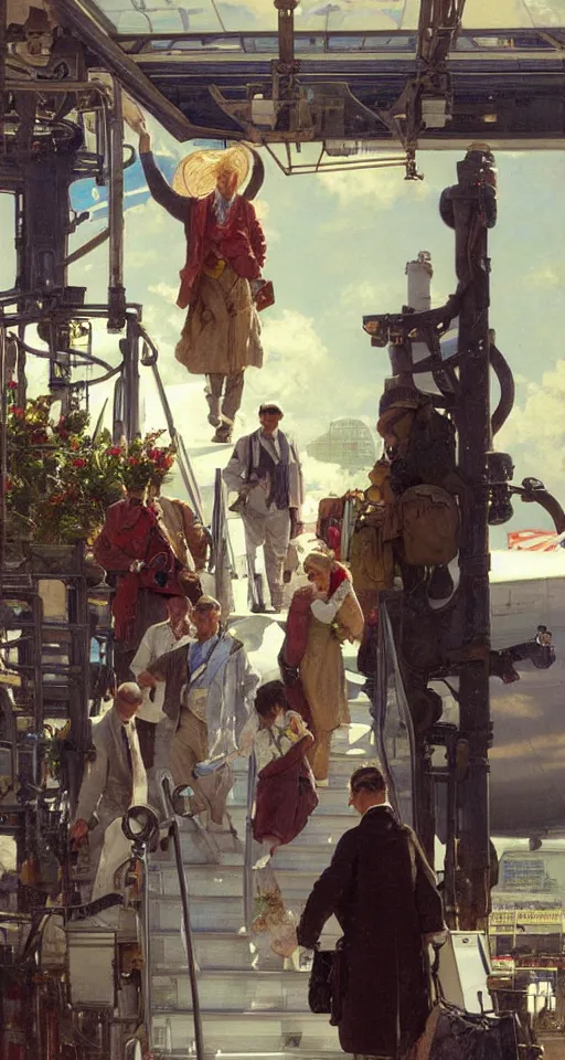 Image similar to Doctor disembarking from a plane at Heathrow terminal, sun shining, photo realistic illustration by greg rutkowski, thomas kindkade, alphonse mucha, loish, norman rockwell.