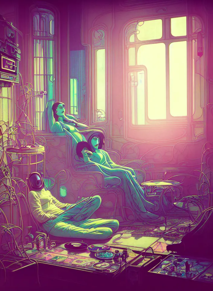 Image similar to telephoto 7 0 mm f / 2. 8 iso 2 0 0 photograph depicting the feeling of chrysalism in a cosy safe cluttered french sci - fi ( ( art nouveau ) ) cyberpunk apartment in a pastel dreamstate art cinema style. ( person relaxing living room near ) ( ( fish tank ) ), ambient light.