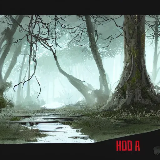 Image similar to concept art of abandoned skull, trees, puddles of water, bushes and leafs, by filip hoda