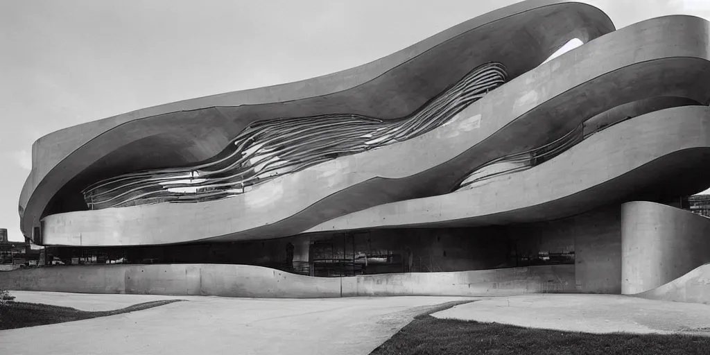 Prompt: wide angle color photo of futurist building in the style of a streamliner locomotive. curved sculpted shape with streamlined futurist industrial revolution theme. formed concrete with brass inlay. from architecture digest 2 0 1 0.