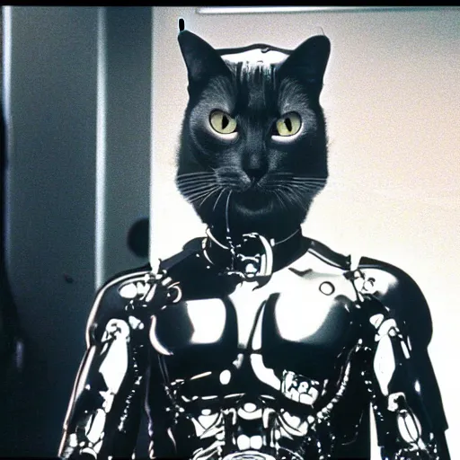 Image similar to Cat as The Terminator (1984), dramatic