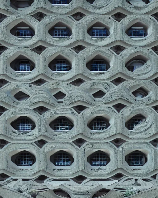 Prompt: one point perspective photo of a futuristic biomimicry oasis house facade made of vaults + sandstone tiles + the facade is elegant and made of a biomimicry nature algae with ornate patterns + led light + spiral stairs + photo taken on a misty morning + architectural photography, 8K, photorealistic