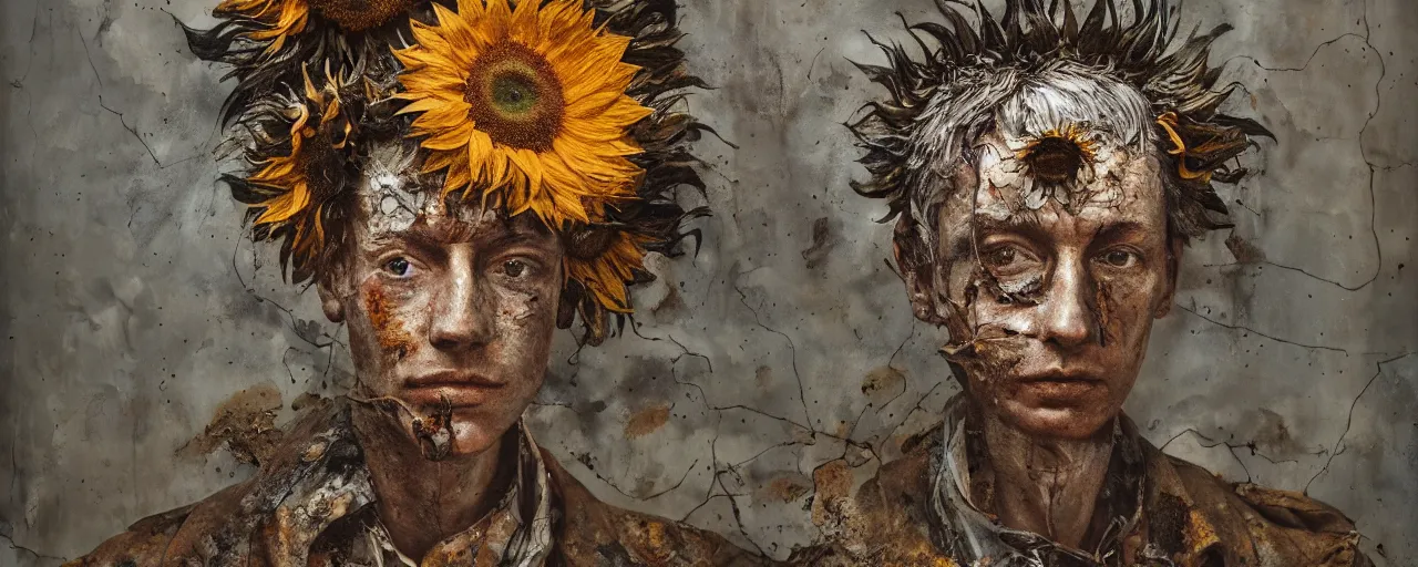 Image similar to a painting of a very ordinary person, by Anselm Kiefer, mixed media, rusted metal, sunflowers, anatomically correct, beautiful perfect face, sharp focus, Highly Detailed, Cinematic Lighting, octane render, volumetric lighting, post-production, 8k, HD