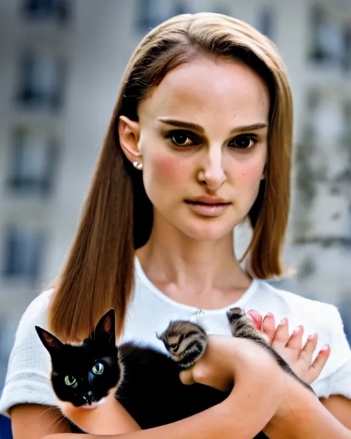 Image similar to a girl looking like natalie portman, holding a robotic kitten. 8k, sharp high quality