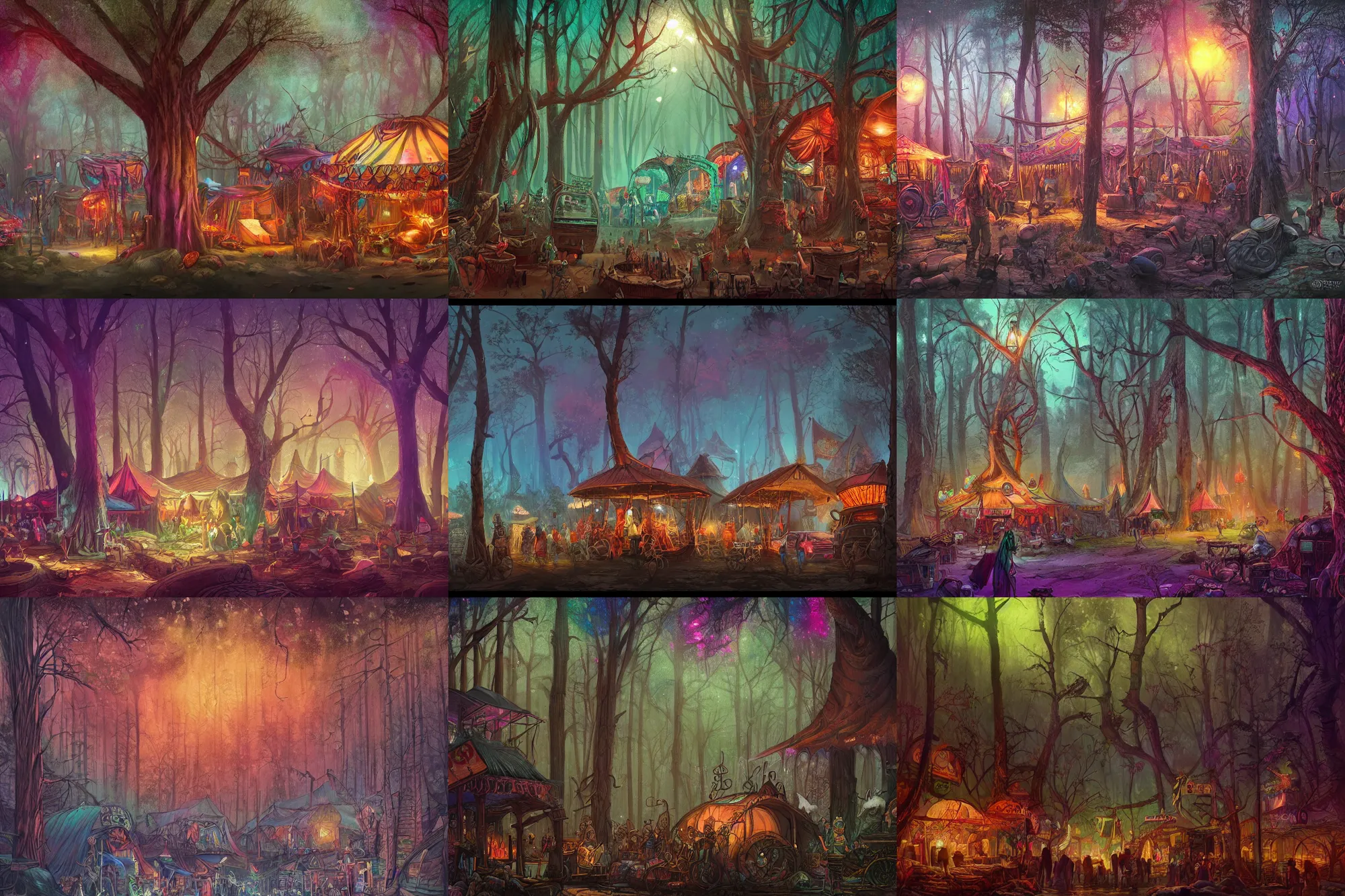 Prompt: festival in a town, bazar, gypsy camp, yggdrasil growing in a dark forest, ancient city, colorfully, dark mood, detailed illustration, dark climate, digital art, highly saturated colors, overdetailed art, concept art, detailed illustration, hd, 4 k, digital art, greg, dan mumford, rutkowski, wlop, trending on artstation