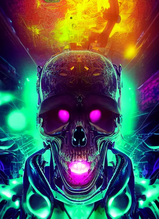 Image similar to a futuristic skull with glowing eyes and a purple background, fractal made of skulls, cyberpunk art by android jones, behance contest winner, computer art, darksynth, synthwave, rendered in cinema 4 d