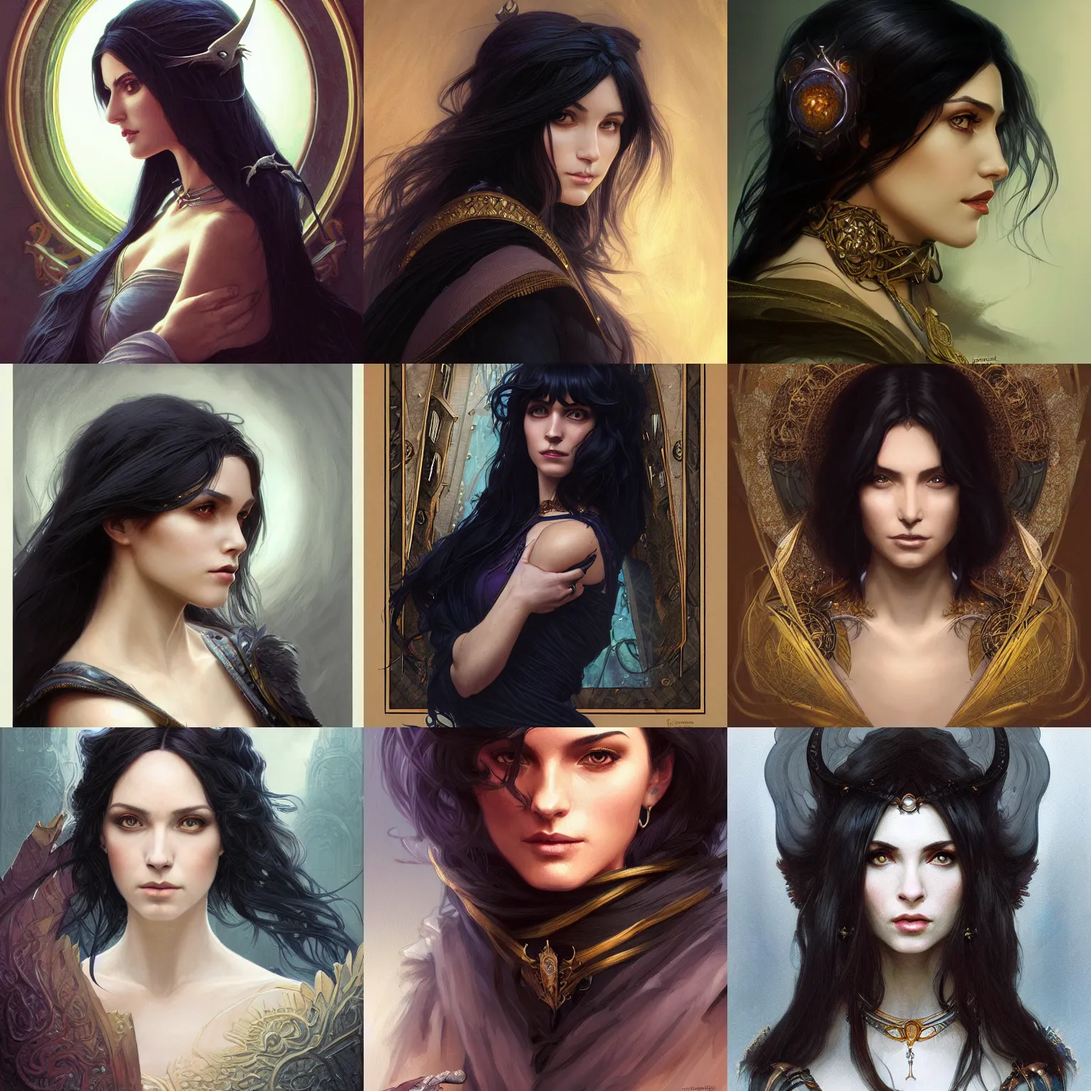 Prompt: portrait of a raven-haired female sorceress, elegant, intricate, headshot, D&D, fantasy, highly detailed, digital painting, artstation, concept art, sharp focus, illustration, art by artgerm and greg rutkowski and alphonse mucha