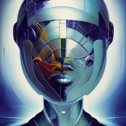 Image similar to scifi futurism automaton minimalism chrome by peter mohrbacher art Hajime Sorayama airbrush hyperrealism model abstract shatter fragments cubism futurism pastel blue soft flat minimal minimalism portrait face jackson pollock ukiyo-e lithograph mark ruthko swirl escape noise shimmer glow paint