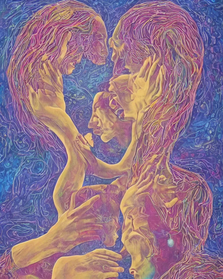 Image similar to visionary artwork about the power of love and soul bonding between two humans