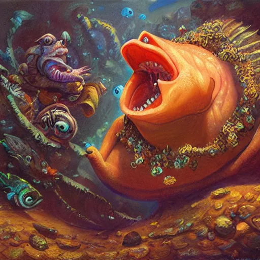 Image similar to fish - pig creature, oil painting by justin gerard