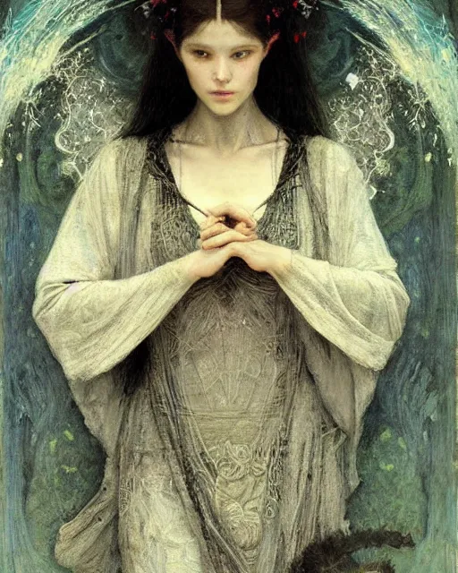 Image similar to a beautiful, dark sorceress, by Edgar Maxence, Ross Tran and Jules Bastien-Lepage