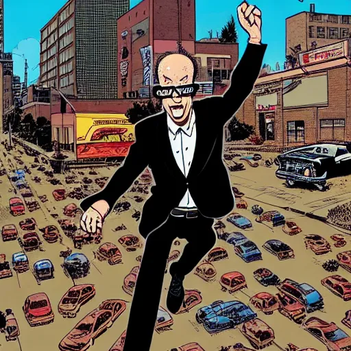 Prompt: man in black coat, jumping away from a car, in the style of geof darrow and steve skroce, 8 k, high resolution, sharp, full detail, artstation, deviant art