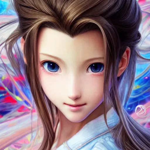 Image similar to aerith gainsborough, ultra detailed painting at 1 6 k resolution and epic visuals. epically beautiful image. amazing effect, image looks crazily crisp as far as it's visual fidelity goes, absolutely outstanding. vivid clarity. ultra. iridescent. mind - breaking. mega - beautiful pencil shadowing. beautiful face. ultra high definition, range murata and artgerm