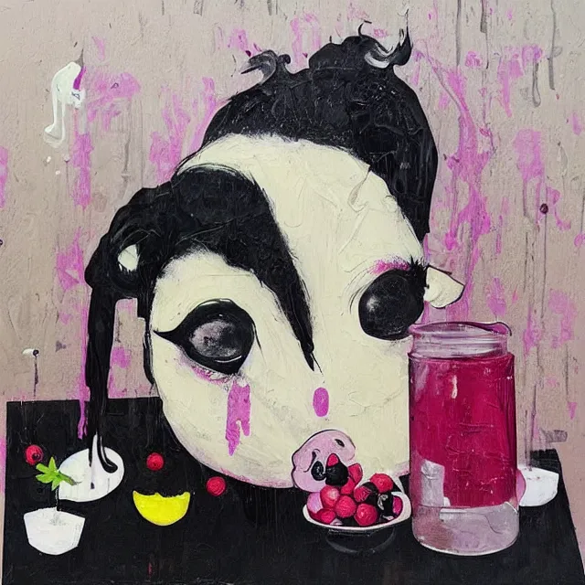 Image similar to “ a portrait in a female art student ’ s apartment, sensual, a pig theme, art supplies, paint tubes, ikebana, herbs, a candle dripping white wax, black walls, squashed berries, berry juice drips, acrylic and spray paint and oilstick on canvas, surrealism, neoexpressionism ”