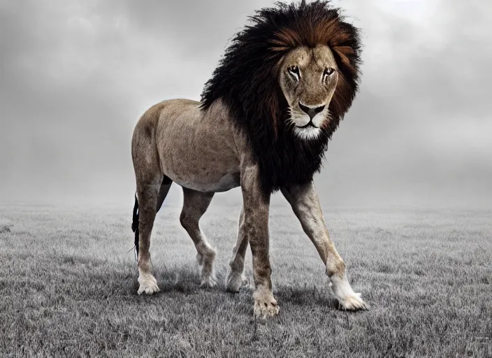 Prompt: a horse with a lion body hybrid, national geographic photography