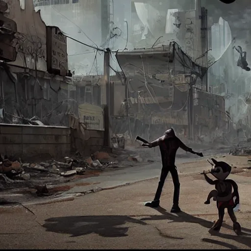 Image similar to goofy fights against the patriarchy in a post apocalyptic city realistic 4 k