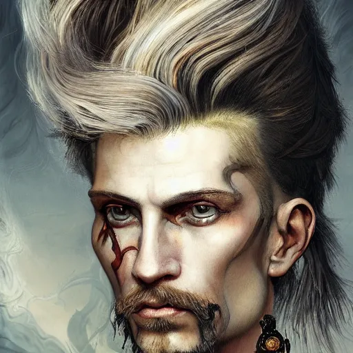 Image similar to portrait, headshot, insanely nice hair style, dramatic hair color, digital painting, of a old 17th century, old cyborg merchant, amber jewels, baroque, ornate clothing, scifi, realistic, hyperdetailed, chiaroscuro, concept art, art by Franz Hals and Jon Foster and Ayami Kojima and Amano and Karol Bak,