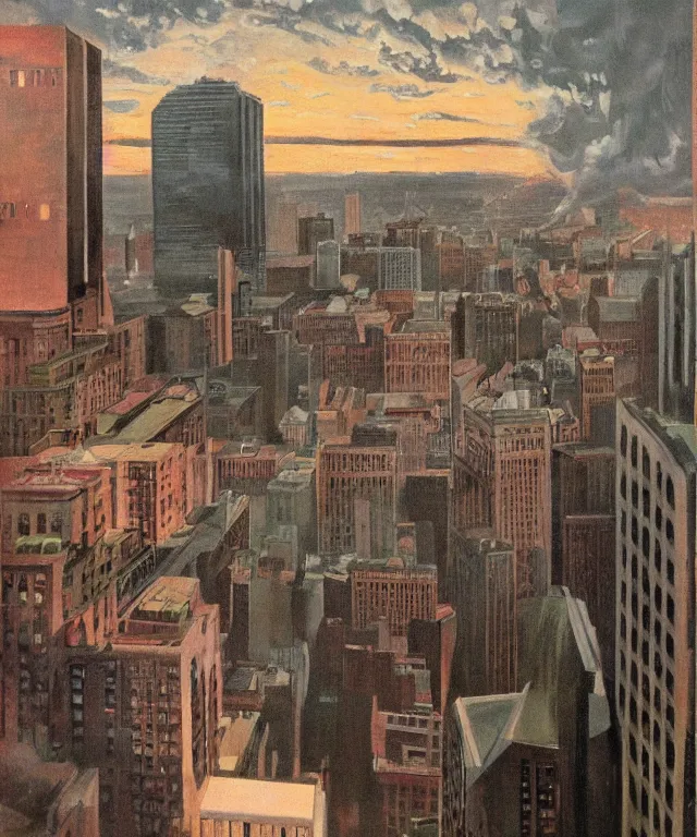 Image similar to horrifying full color photorealistic painting of the view from a 1 9 2 5 hotel terrace balcony overlooking a warped view of downtown 1 9 2 5 boston with a cosmic sky, dark, atmospheric, brooding, smooth, finely detailed, cinematic, epic, in the style of dave dorman