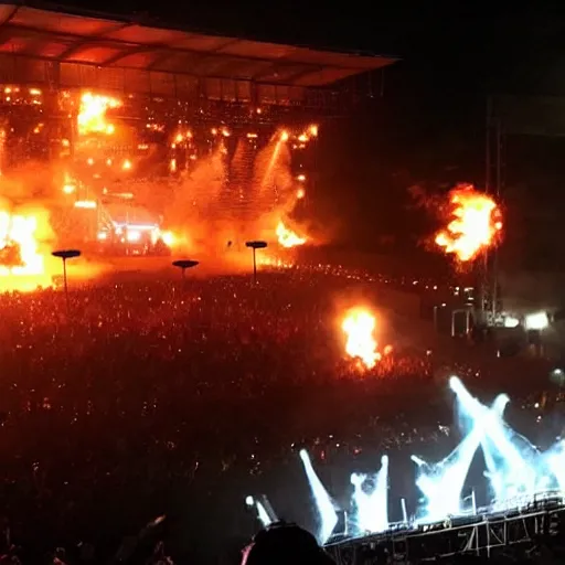 Image similar to rammstein concert with pyrotechnics in a back garden