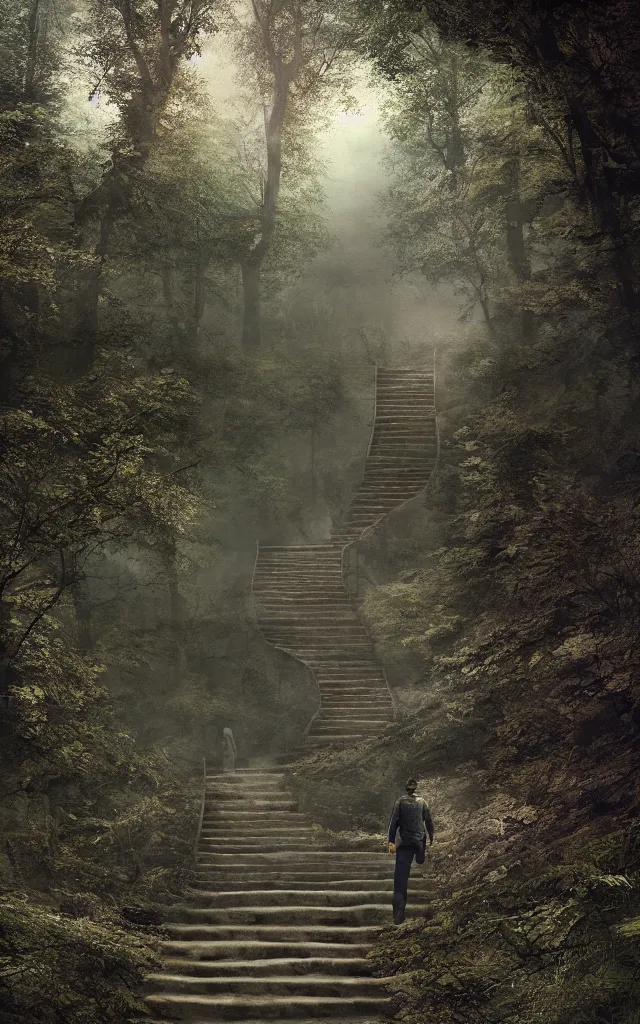 Prompt: ! a person walking up a set of stairs in the woods!, the journey of life, each stage is a step in a stairway, detailed, 4 k, octane, a detailed matte painting by huang ding, cgsociety, fantasy art, mystical, mist, warm tones