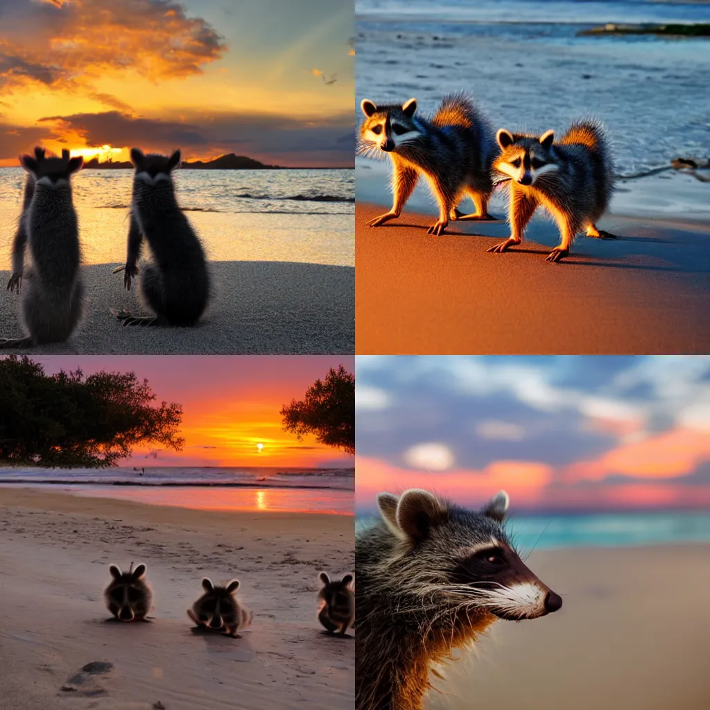 Prompt: Smiling racoons on the beach, going forward to the sunset, at sunset, red sky