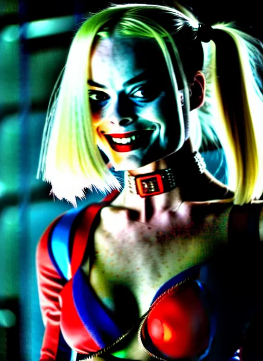 Image similar to 2 8 mm photo of beautiful suicide squad happy margot robbie with long white hair that looks like harley quinn standing on the wet street of dystopian gotham city at night, angry frown, seductive camisole, pinup model, glamour fashion pose, cinematic, volumetric lighting octane, ridley scott,