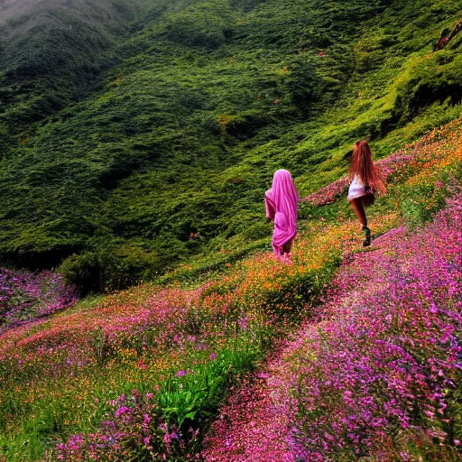 Image similar to girl! walking thru the valley of flowers! near the sea! of dreams by quentin mabille